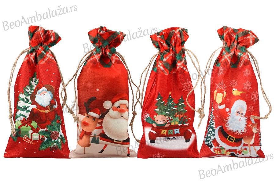 Crvene vrećice 150x310 mm sa Božićnim motivima i sa vezicom - 12 kom